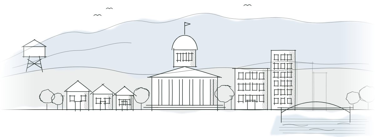 Pen-and-ink drawing of a small town: houses, a domed civic hall, a library, a water tower on the hill and a bridge over the river.