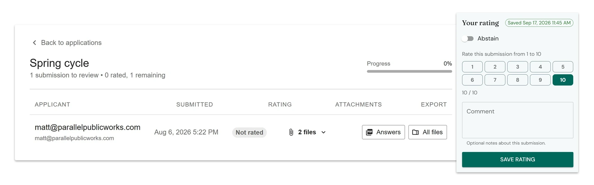 A reviewer's screen in Cloverleaf Applications: the Spring cycle list shows one submission to review with its submitted date, rating status, attachments and export buttons, and beside it the rating panel with a 1 to 10 scale, 10 selected, an Abstain switch, a comment box and a Save rating button.