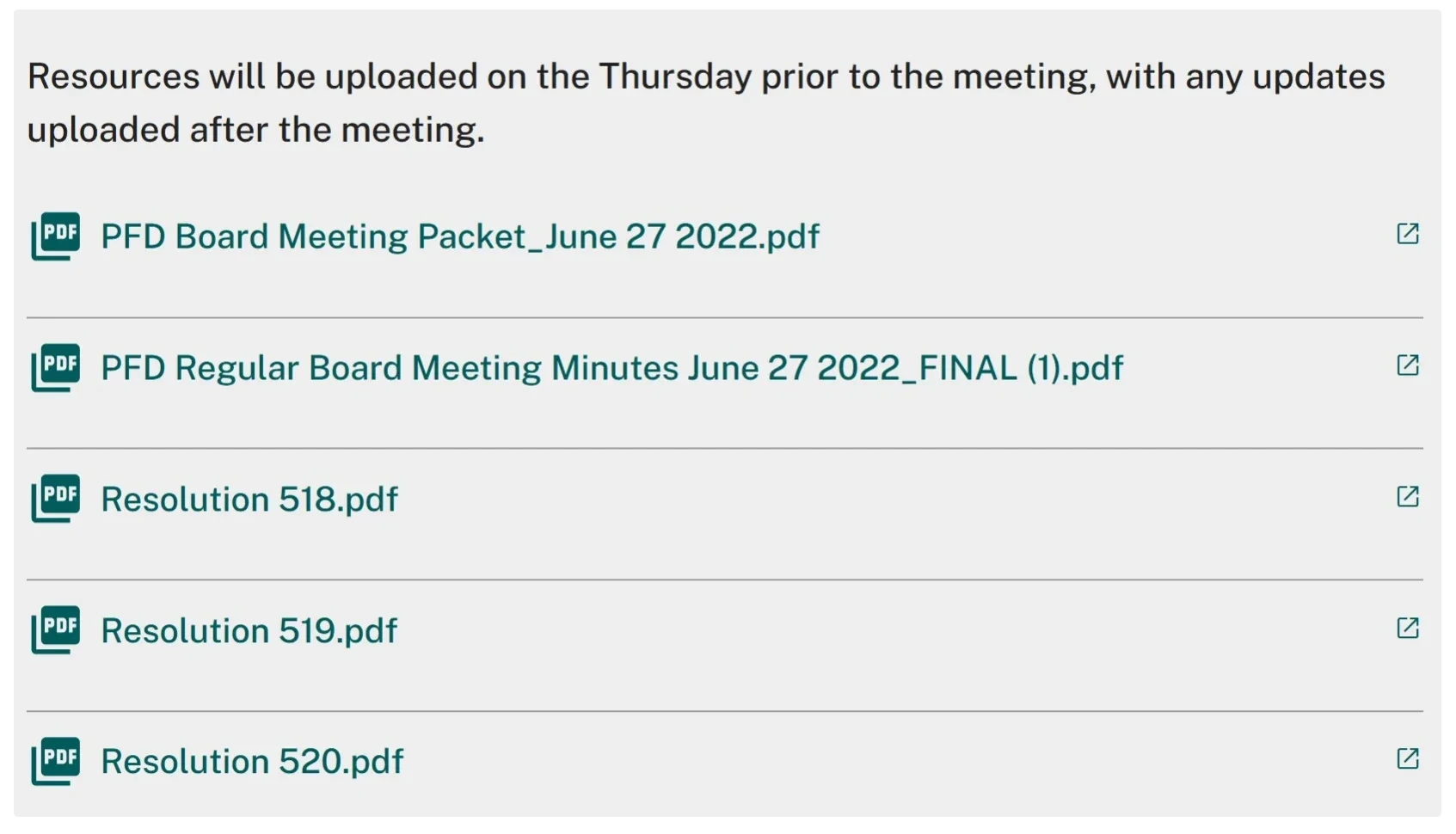 Board resources in a Cloverleaf site: a note that resources are uploaded the Thursday before each meeting, then a list of PDFs: the June 27, 2022 board meeting packet, that meeting's minutes, and Resolutions 518, 519 and 520.