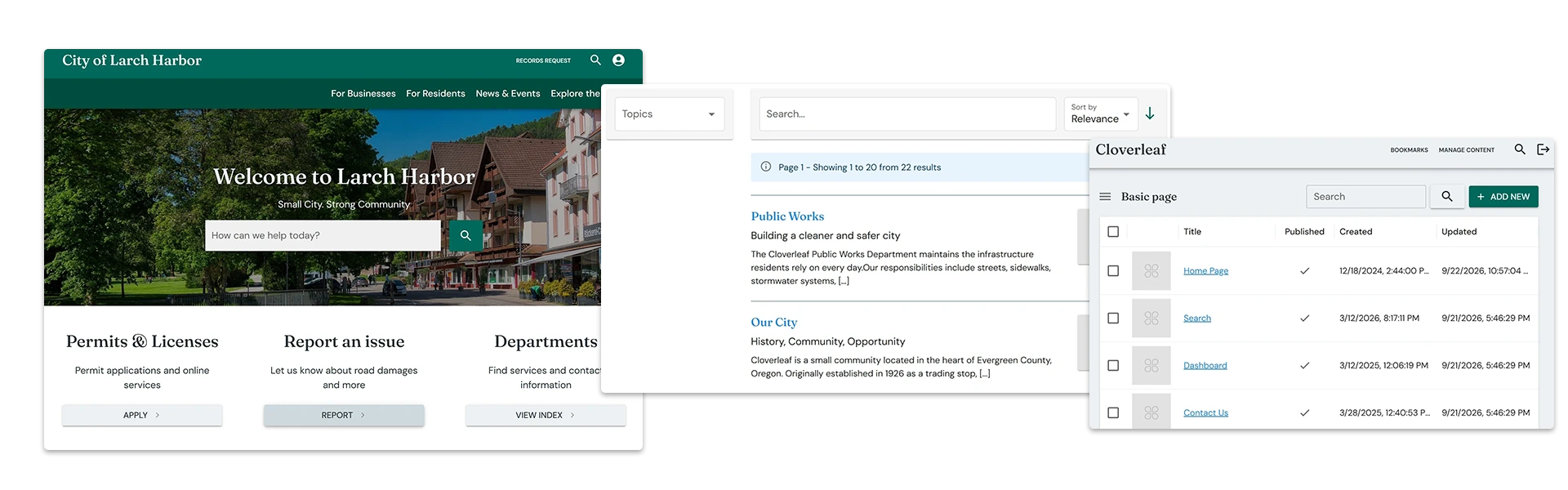 Three screens from a Cloverleaf site for the sample City of Larch Harbor: the homepage with a search box and Permits and Licenses, Report an issue and Departments links; site search results for Public Works and Our City; and the staff content list, where editors see each page's title, published status and dates and can add new content.